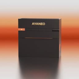 Ayaneo AM03, mini PC compacto em preto mate com o logótipo AYANEO iluminado a laranja, painel frontal com botões e ranhuras