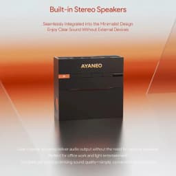 Ayaneo AM03: compacto e minimalista, com acabamento mate, grelhas frontais, logótipo AYANEO e design quadrado com altifalantes estéreo integrados
