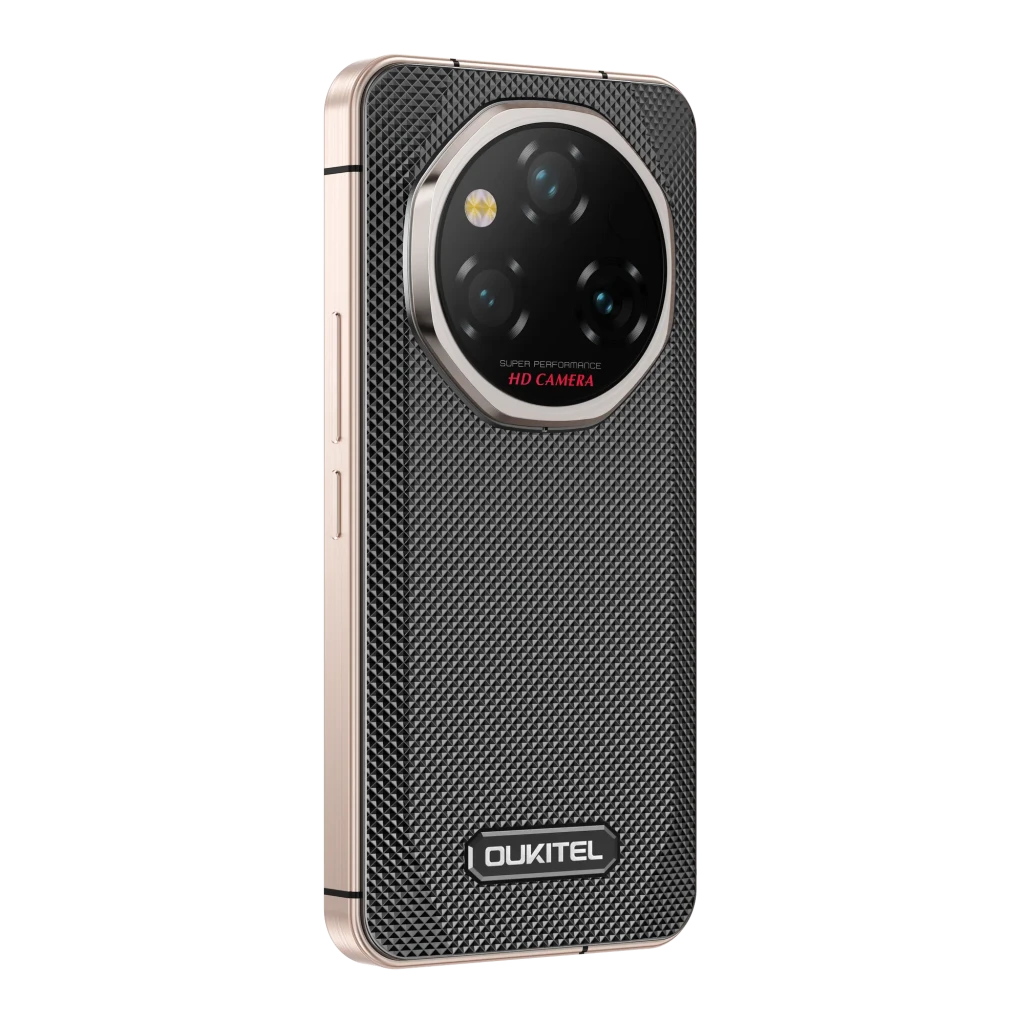 Oukitel WP210 5G preto dourado com traseira texturizada metálica, módulo de câmera hexagonal com quatro lentes e tela frontal com furo central - Item6