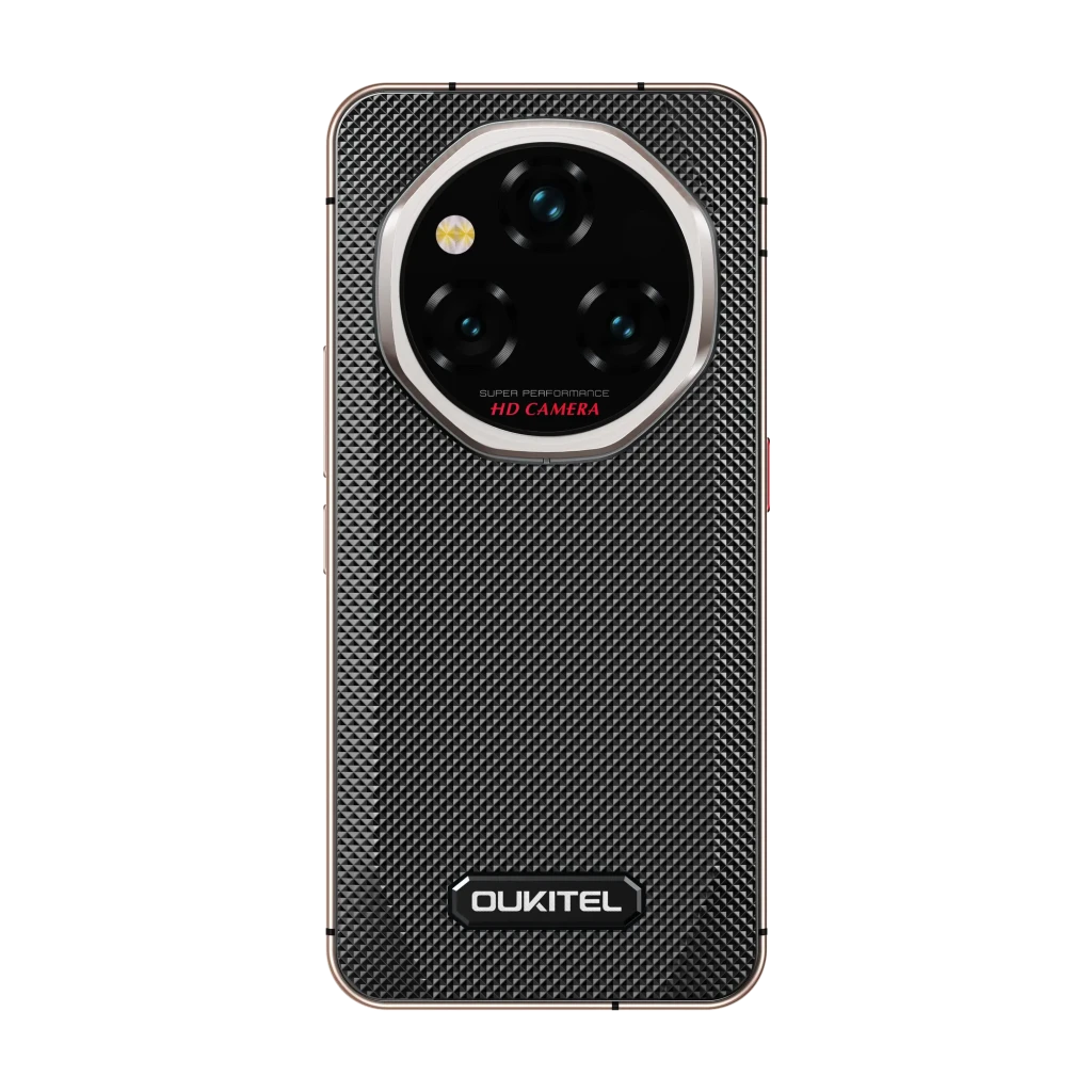 Oukitel WP210 5G preto dourado com traseira texturizada metálica, módulo de câmera hexagonal com quatro lentes e tela frontal com furo central - Item2