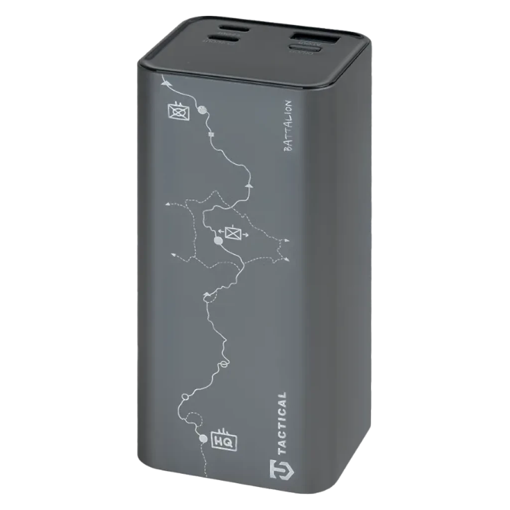 Powerbank Tactical Squad Battalion 65W 20000mAh cinza, design tático com mapa e ícones HQ, corpo compacto e minimalista, acabamento fosco elegante - Item1