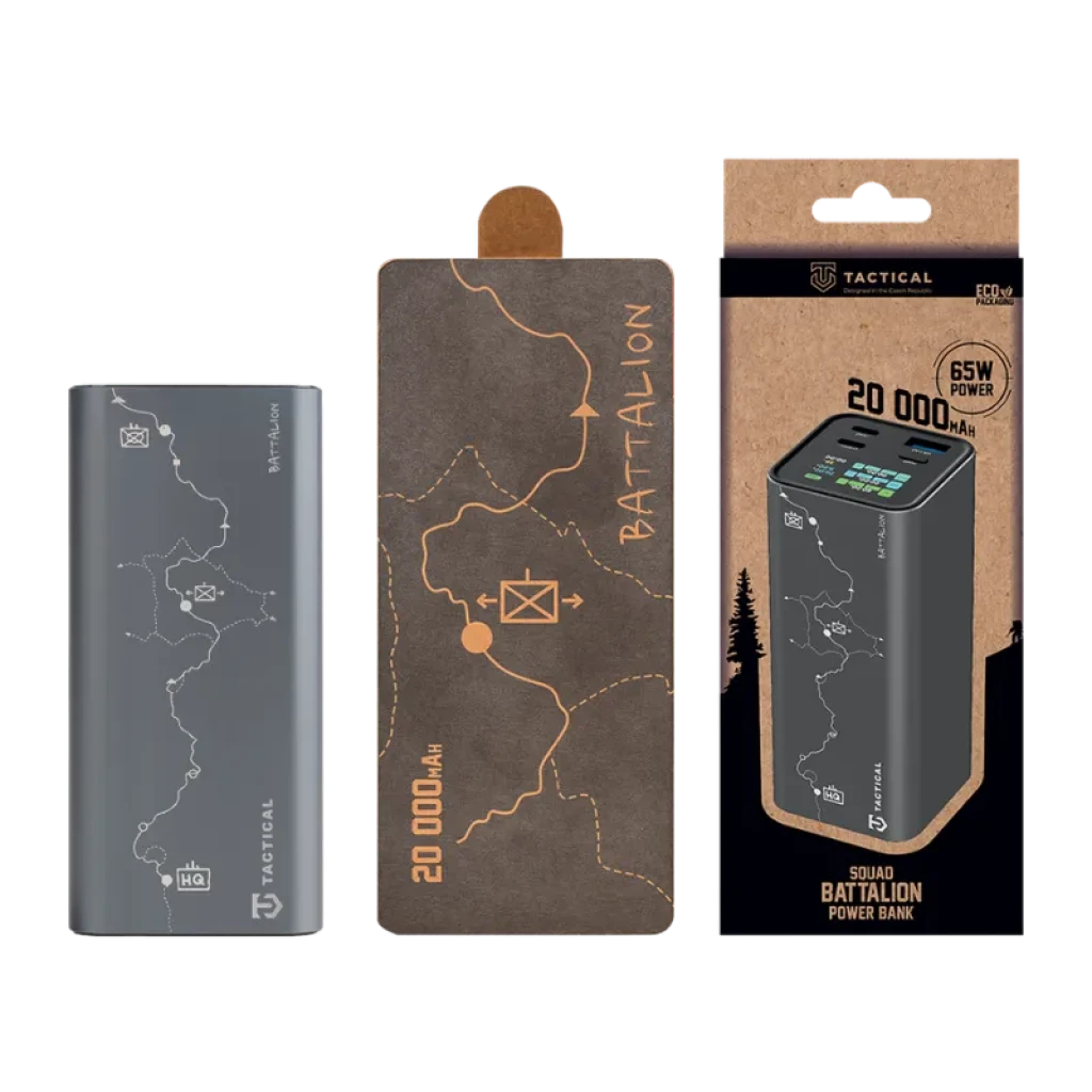 Powerbank Tactical Squad Battalion 65W 20000mAh cinza, design tático com mapa e ícones HQ, corpo compacto e minimalista, acabamento fosco elegante - Item5
