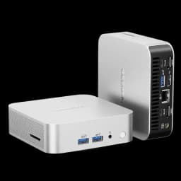 Mini PC Geekom A5 Pro prateado, compacto, com Ryzen 5 7430U, 16GB, 512GB, portas USB frontais, leitor SD, traseira com HDMI, USB, Ethernet e ventilação