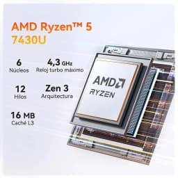 Chip AMD Ryzen 5 7430U destacado, com 6 núcleos, 12 threads, cache L3 de 16 MB, arquitetura Zen 3 e turbo de 4,3 GHz, em placa de circuito exposta