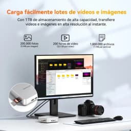 Mini PC compacto prateado com leitor de cartões, portas frontais USB e áudio, conectado a monitor; câmera DSLR ao lado e pendrive inserido na lateral
