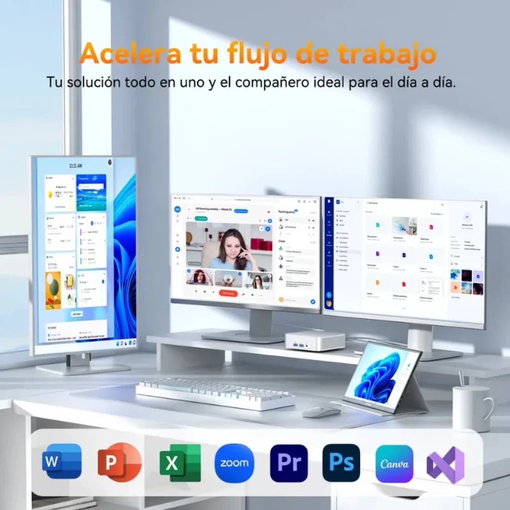 Geekom A5 Pro Mini PC cinza com portas frontais USB e leitor SD, base metálica sob monitor, setup com três telas Windows e apps de produtividade