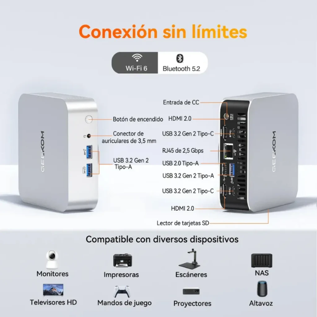 Mini PC Geekom A5 Pro prateado, compacto, com Ryzen 5 7430U, 16GB, 512GB, portas USB frontais, leitor SD, traseira com HDMI, USB, Ethernet e ventilação - Item5