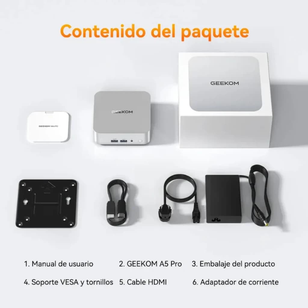 Mini PC Geekom A5 Pro prateado com portas frontais USB e áudio, suporte VESA com parafusos, cabo HDMI, adaptador de corrente, manual e caixa