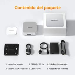 Mini PC Geekom A5 Pro prateado com portas frontais USB e áudio, suporte VESA com parafusos, cabo HDMI, adaptador de corrente, manual e caixa