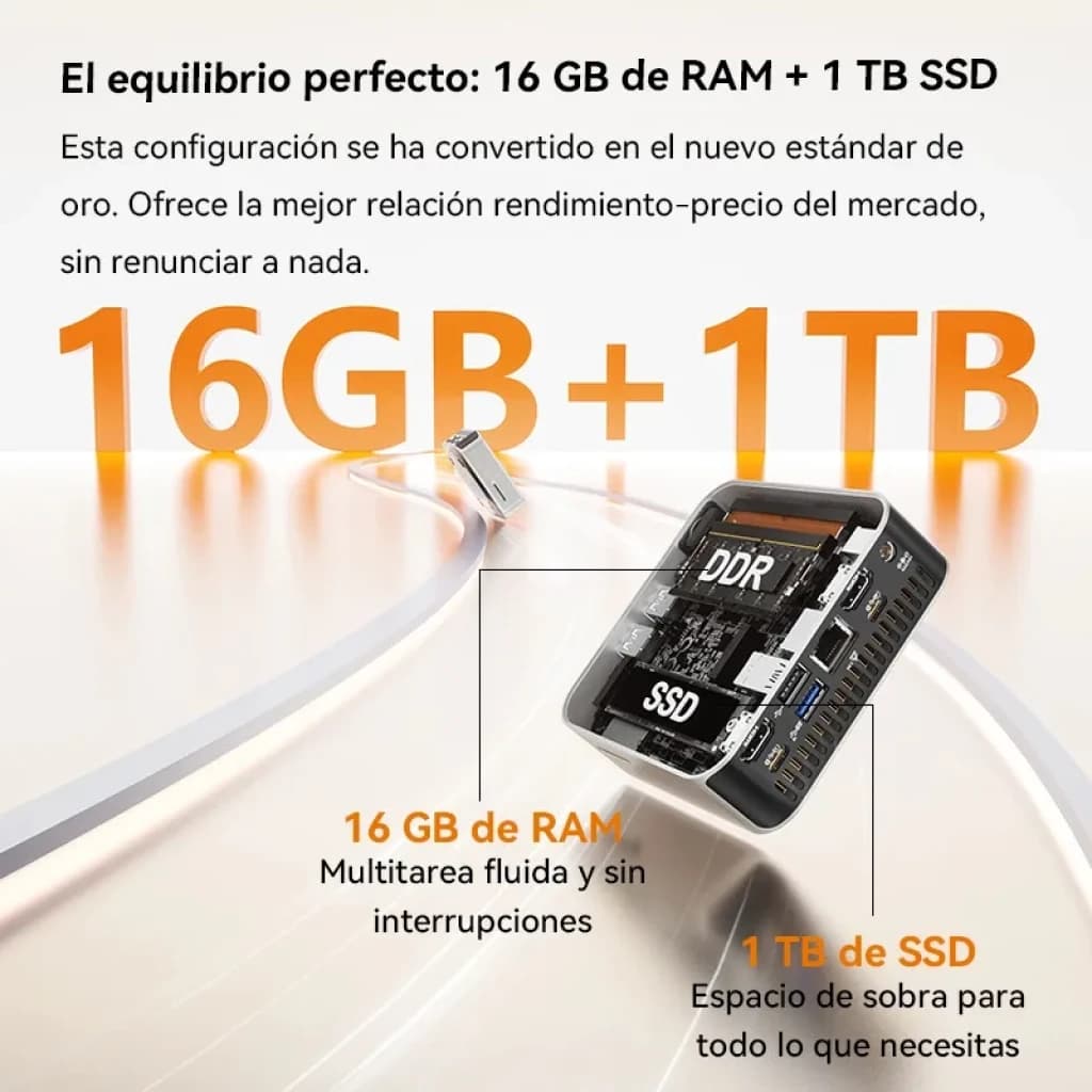 Mini PC Geekom A5 Pro com destaque 16GB + 1TB, portas USB múltiplas, leitor SD, design compacto preto com ventilação e detalhes internos visíveis