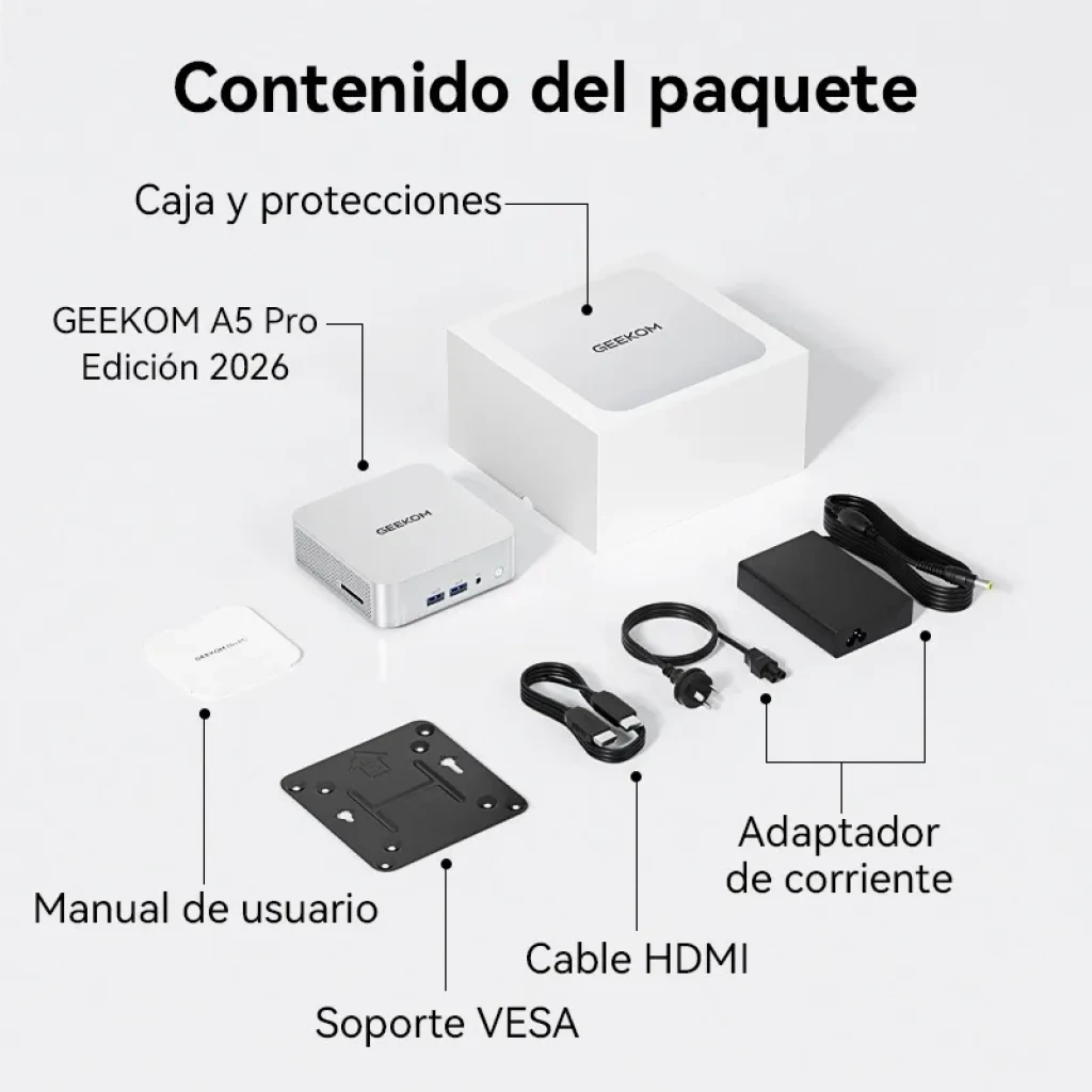 Geekom A5 Pro prateado, compacto, com portas frontais USB-A, botão power, ranhura SD e traseira com HDMI duplo, USB-C, Ethernet e ventilação lateral - Item4
