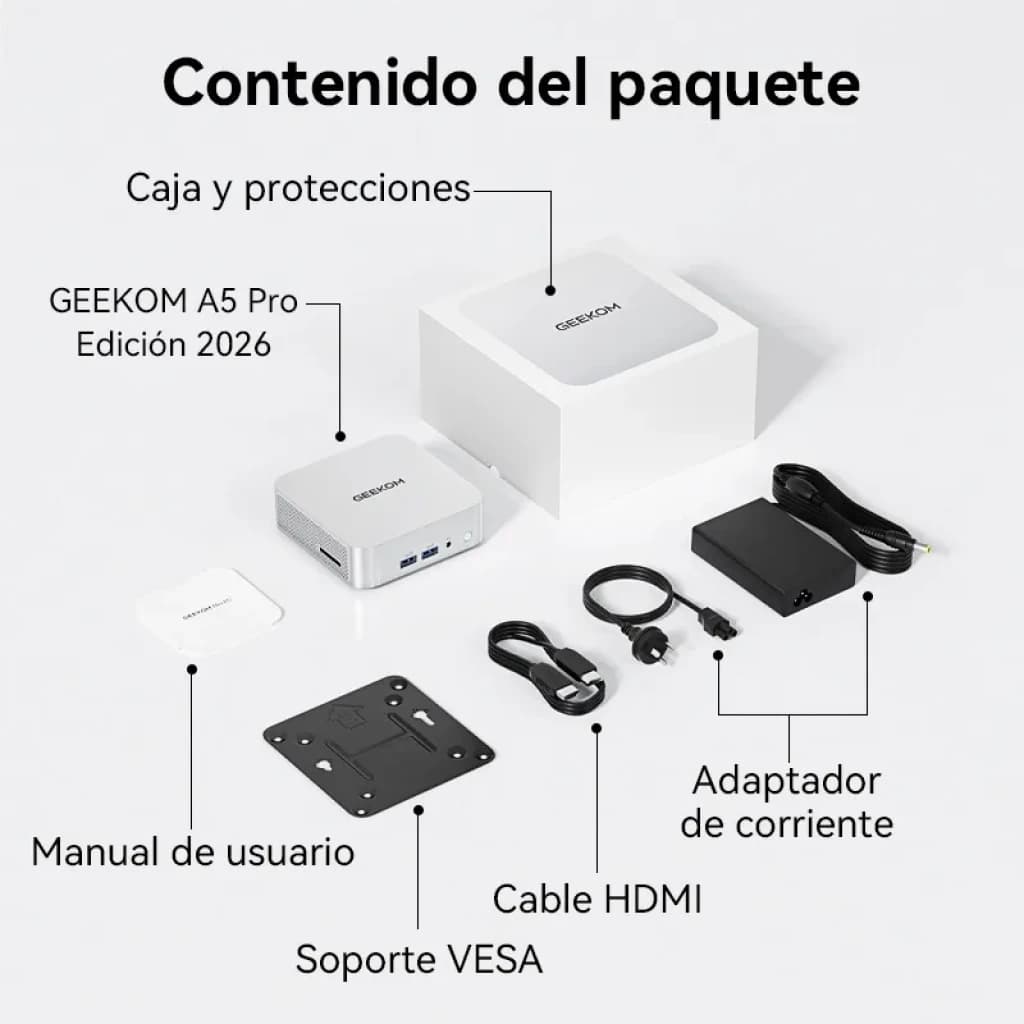Mini PC Geekom A5 Pro prateado, compacto, portas frontais USB e áudio, inclui adaptador de corrente, cabo HDMI, suporte VESA, manual e caixa com proteções