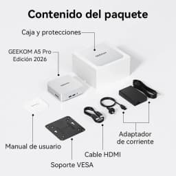 Mini PC Geekom A5 Pro prateado, compacto, portas frontais USB e áudio, inclui adaptador de corrente, cabo HDMI, suporte VESA, manual e caixa com proteções
