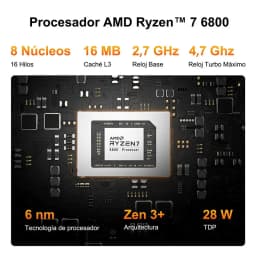 Chip AMD Ryzen 7 6800U destacado sobre placa-mãe: 8 núcleos, 16 threads, 16 MB L3, 2,7 a 4,7 GHz, 6 nm, arquitetura Zen 3+, TDP 28 W