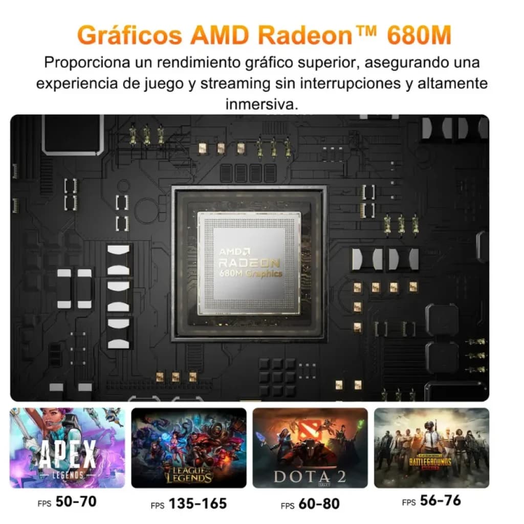 Gráfico AMD Radeon 680M em chip central sobre placa-mãe preta, destaque dourado e trilhas eletrônicas; jogos populares exibem FPS estimados na base