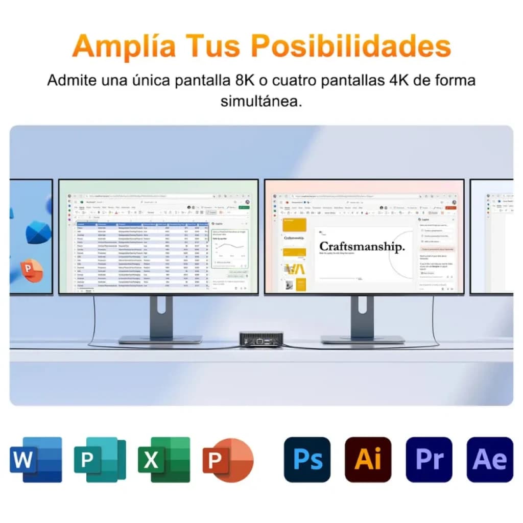 Mini PC GEEKOM A6 sob dois monitores; suporta 1 tela 8K ou 4 telas 4K simultâneas. Ícones de apps ao redor indicam uso profissional e multitarefa.