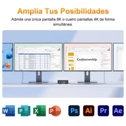Mini PC GEEKOM A6 sob dois monitores; suporta 1 tela 8K ou 4 telas 4K simultâneas. Ícones de apps ao redor indicam uso profissional e multitarefa.