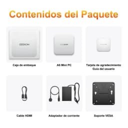 Conteúdo do pacote GEEKOM A6: mini PC compacto branco, cabo HDMI, adaptador de corrente, suporte VESA, cartão de agradecimento e guia do usuário