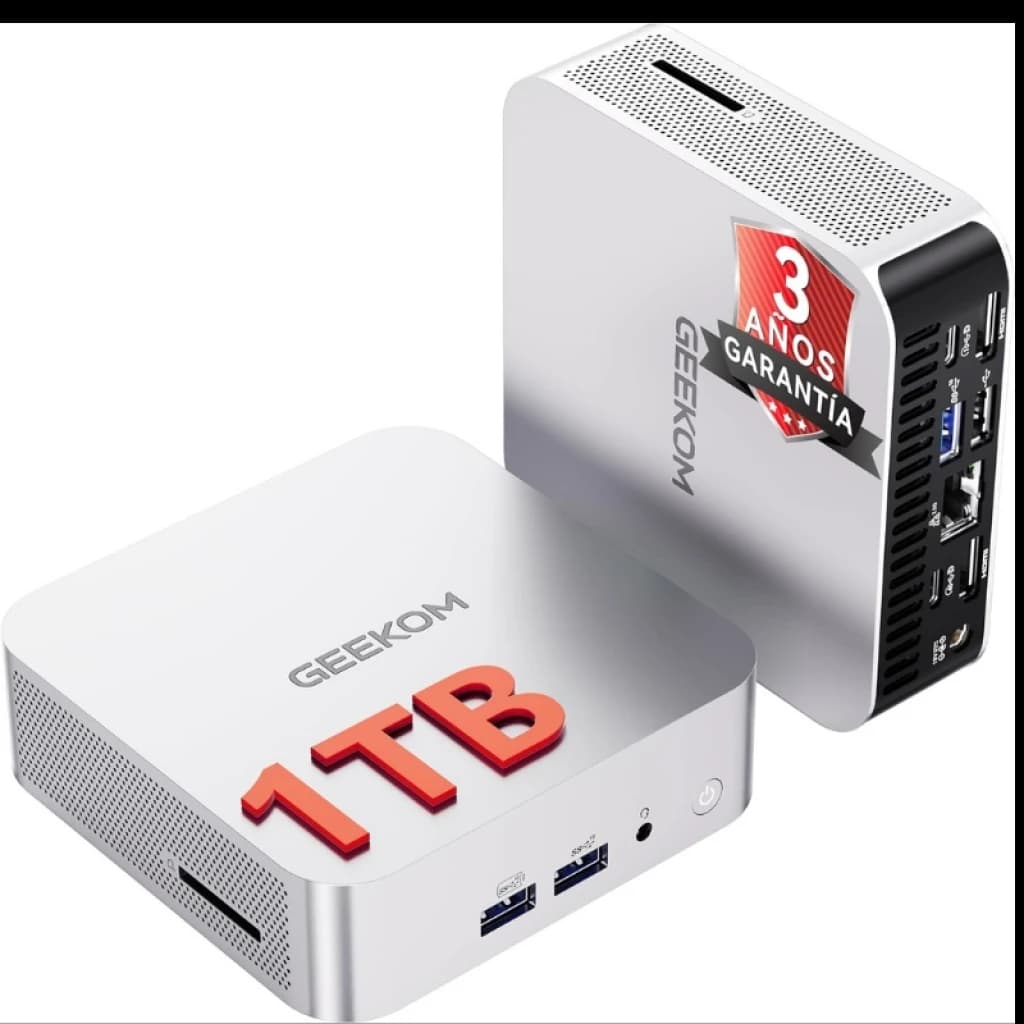Mini PC prateado compacto GEEKOM A6 com Ryzen 7 6800U, 16 GB, 1 TB em destaque, múltiplas portas frontais e traseiras, ventilação lateral, 3 anos de garantia