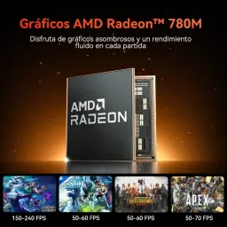 Gráficos AMD Radeon 780M em chip compacto, com desempenho suave em jogos. Destaques de FPS para League of Legends, Genshin Impact, PUBG e Apex Legends.