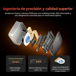 GEEKOM A7 Max mini PC com design compacto, resfriamento IceBlast 2.0, placa-mãe exposta e componentes DDR5 SODIMM e SSD M.2 PCIe 4.0 destacados
