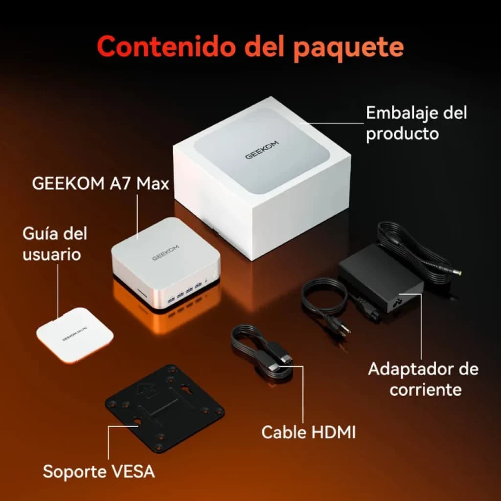 O GEEKOM A7 Max inclui caixa, manual, adaptador de corrente, cabo HDMI e suporte VESA