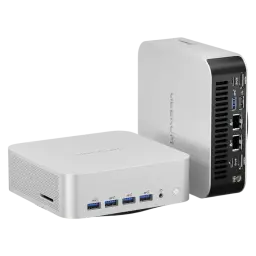 Mini-PC GEEKOM A8 Max avec boîtier métallique compact et ports en façade