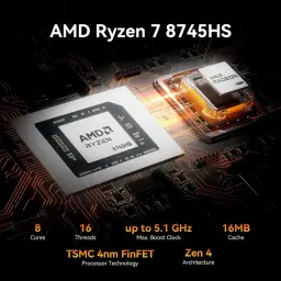 Processador AMD Ryzen 7 8745HS em close-up com GPU Radeon ao lado, destacando 8 núcleos, 16 threads, até 5,1 GHz, 16 MB cache, TSMC 4 nm e Zen 4