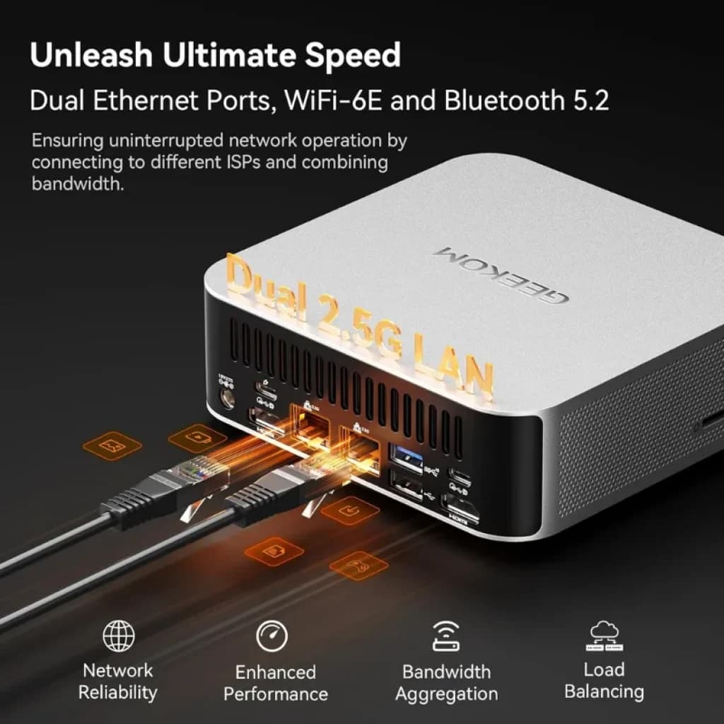 GEEKOM A8 Max Ryzen 7 8745HS mini PC prata com portas frontais USB e áudio, duas LAN 2.5G destacadas, Wi‑Fi 6E, Bluetooth 5.2 e corpo compacto