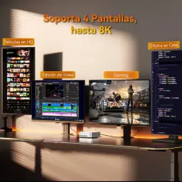 GEEKOM A8 Max com suporte para até 4 ecrãs 8K. Ideal para jogos, edição de vídeo, escritório e filmes em HD