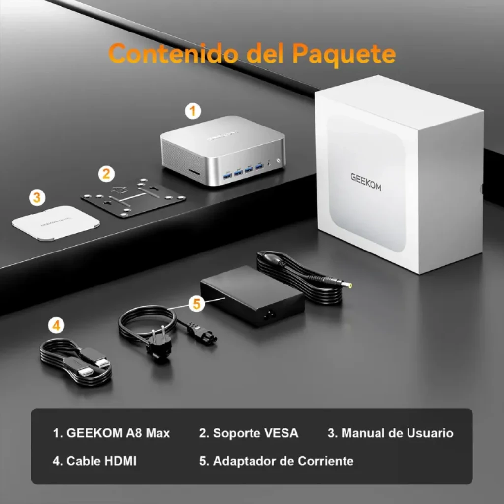 Mini-PC GEEKOM A8 Max avec boîtier métallique compact et ports en façade - Item6