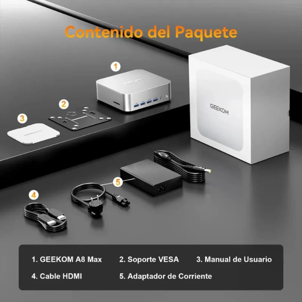GEEKOM A8 Max, inclui suporte VESA, carregador, cabo HDMI e manual numa caixa branca