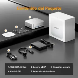 GEEKOM A8 Max, inclui suporte VESA, carregador, cabo HDMI e manual numa caixa branca