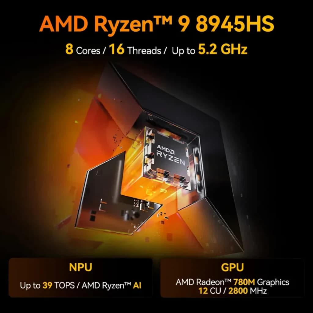 Chip AMD Ryzen 9 8945HS destacado em close-up, 8 núcleos e 16 threads, até 5,2 GHz, NPU até 39 TOPS e GPU Radeon 780M 12 CU 2800 MHz
