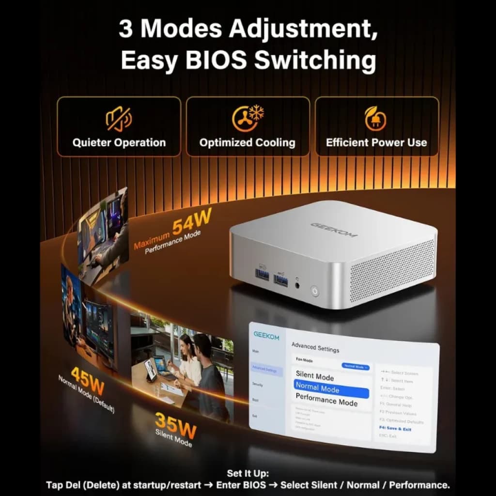 GEEKOM A8 com portas USB e áudio na parte frontal, grelha de ventilação lateral e modos BIOS Silent, Normal e Performance, com consumo de 35 W a 54 W