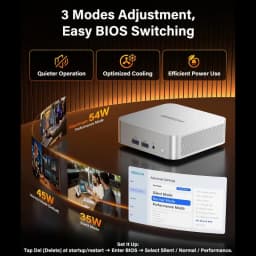GEEKOM A8 com portas USB e áudio na parte frontal, grelha de ventilação lateral e modos BIOS Silent, Normal e Performance, com consumo de 35 W a 54 W
