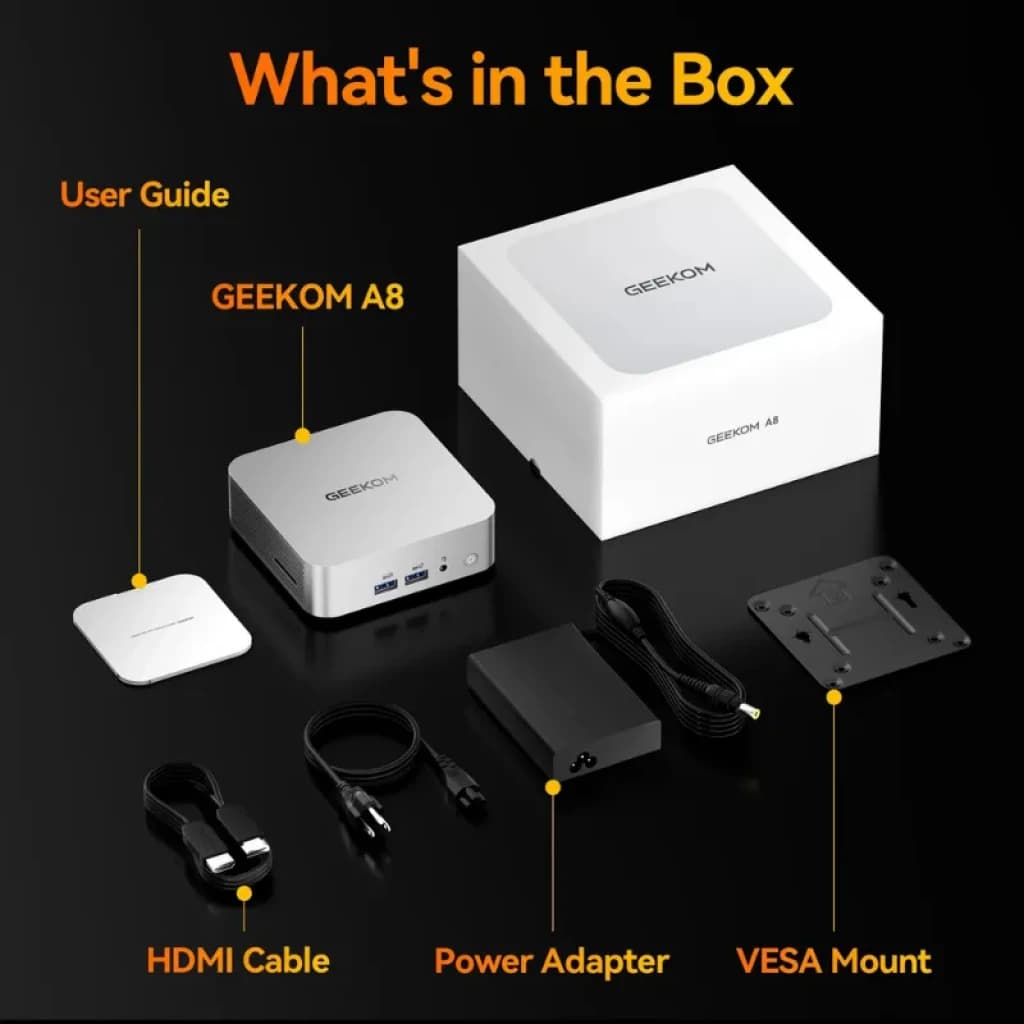 O GEEKOM A8 inclui manual, cabo HDMI, adaptador de alimentação e suporte VESA numa embalagem branca compacta