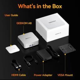 O GEEKOM A8 inclui manual, cabo HDMI, adaptador de alimentação e suporte VESA numa embalagem branca compacta