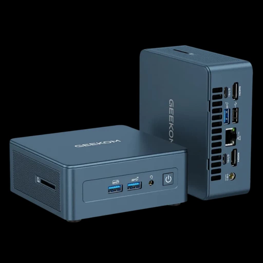 Mini PC GEEKOM Mini IT12 azul, compacto, com portas frontais USB e áudio, leitor SD e botão de energia; traseira com HDMI, USB-C, USB-A, LAN e ventilação