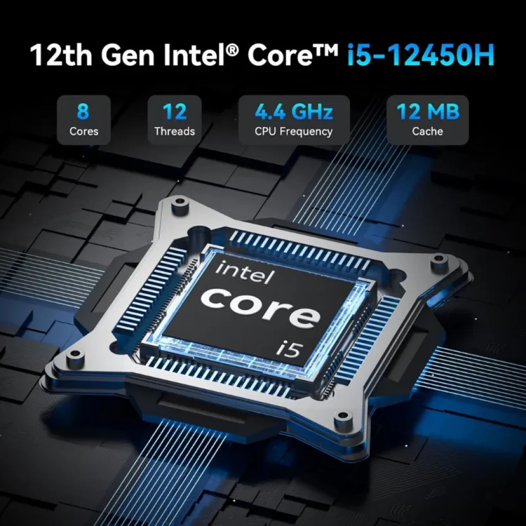 Mini PC GEEKOM Mini IT12 azul, compacto, com portas frontais USB e áudio, leitor SD e botão de energia; traseira com HDMI, USB-C, USB-A, LAN e ventilação - Item2