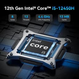Chip Intel Core i5-12450H 12ª geração em destaque, 8 núcleos, 12 threads, 4,4 GHz e 12 MB de cache, com design tecnológico azul e preto