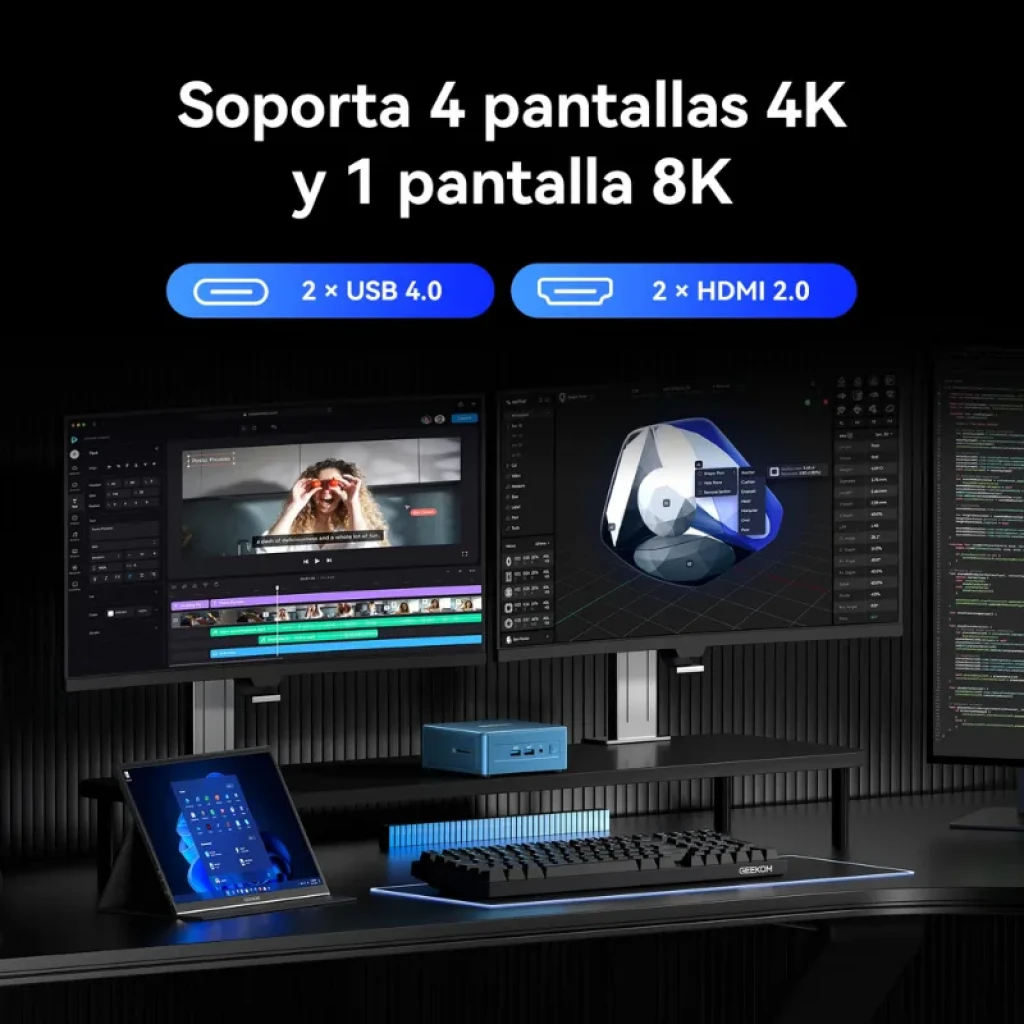 Mini PC GEEKOM Mini IT12 azul, compacto, com portas frontais USB e áudio, leitor SD e botão de energia; traseira com HDMI, USB-C, USB-A, LAN e ventilação - Item3