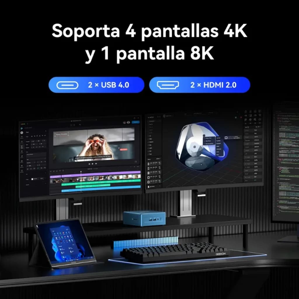 GEEKOM Mini IT12 com suporte para 4 ecrãs 4K e 1 ecrã 8K, com 2 portas HDMI 2.0 e 2 portas USB 4.0