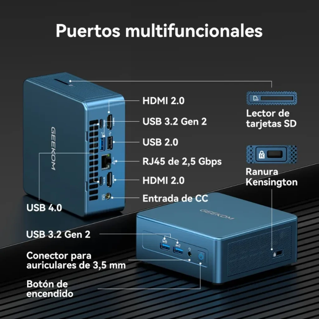 Mini PC GEEKOM Mini IT12 azul, compacto, com portas frontais USB e áudio, leitor SD e botão de energia; traseira com HDMI, USB-C, USB-A, LAN e ventilação - Item4