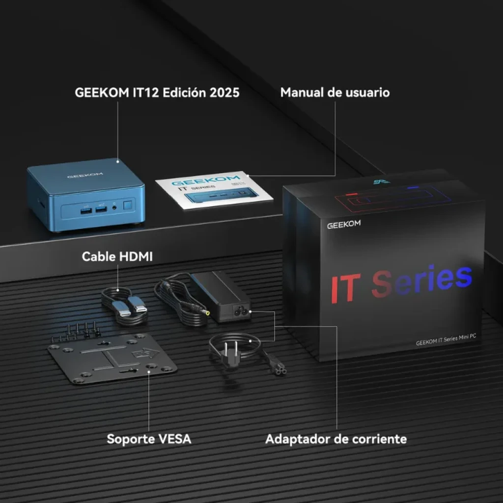 Mini PC GEEKOM Mini IT12 azul, compacto, com portas frontais USB e áudio, leitor SD e botão de energia; traseira com HDMI, USB-C, USB-A, LAN e ventilação - Item5