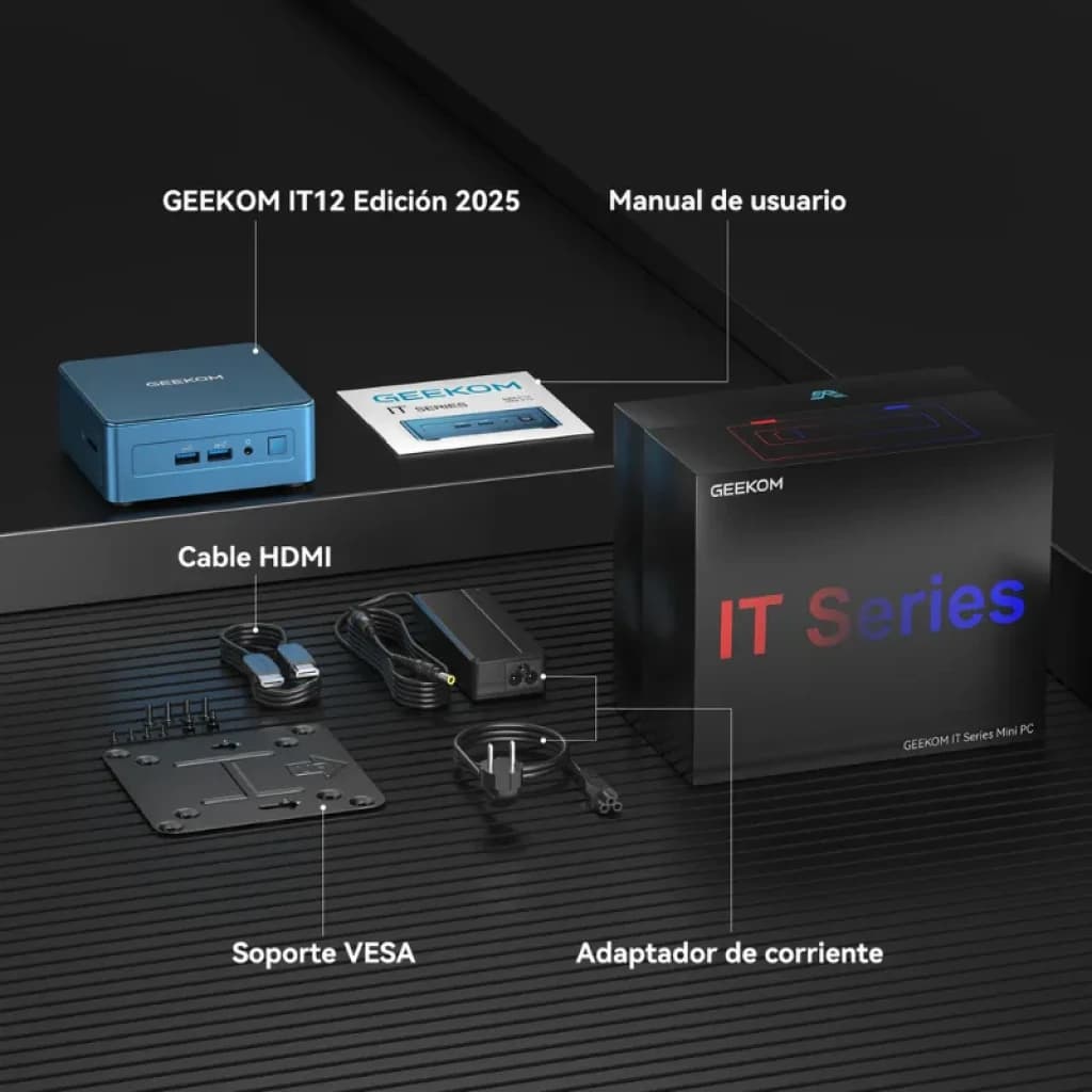O GEEKOM IT12 inclui a caixa da série IT, um adaptador de corrente, um cabo HDMI, um suporte VESA e um manual do utilizado