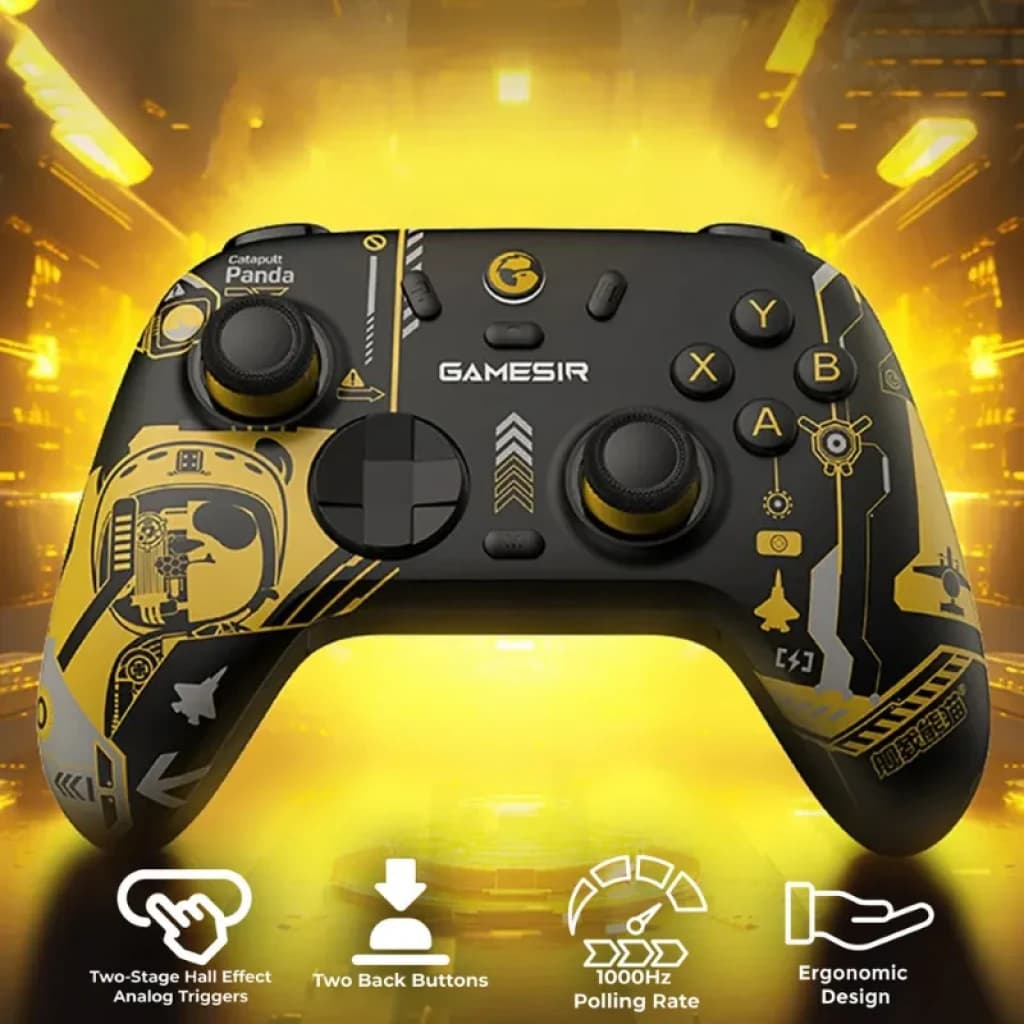 GameSir Nova 2 Lite Édition Panda, manette noire et jaune au motif panda, sticks et gâchettes Hall, deux boutons arrière, design ergonomique, 1000 Hz