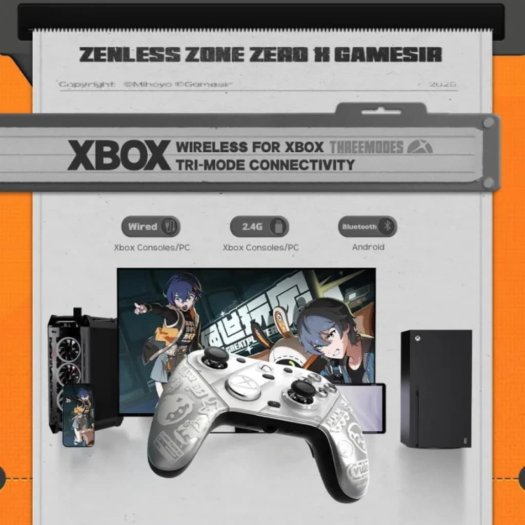 GameSir G7 Pro Zenless Zone Zero: comando branco com arte temática, sticks e gatilhos analógicos, botões pretos, base de carregamento e compatibilidade