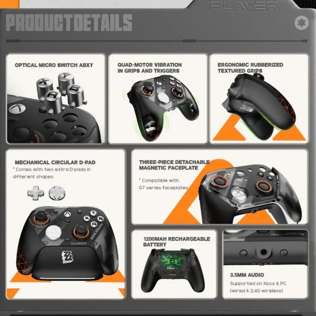 GameSir G7 Pro Zenless Zone Zero com comandos ABXY ópticos, vibração quad motor, grips emborrachados, D-pad circular, faceplate magnética e base de