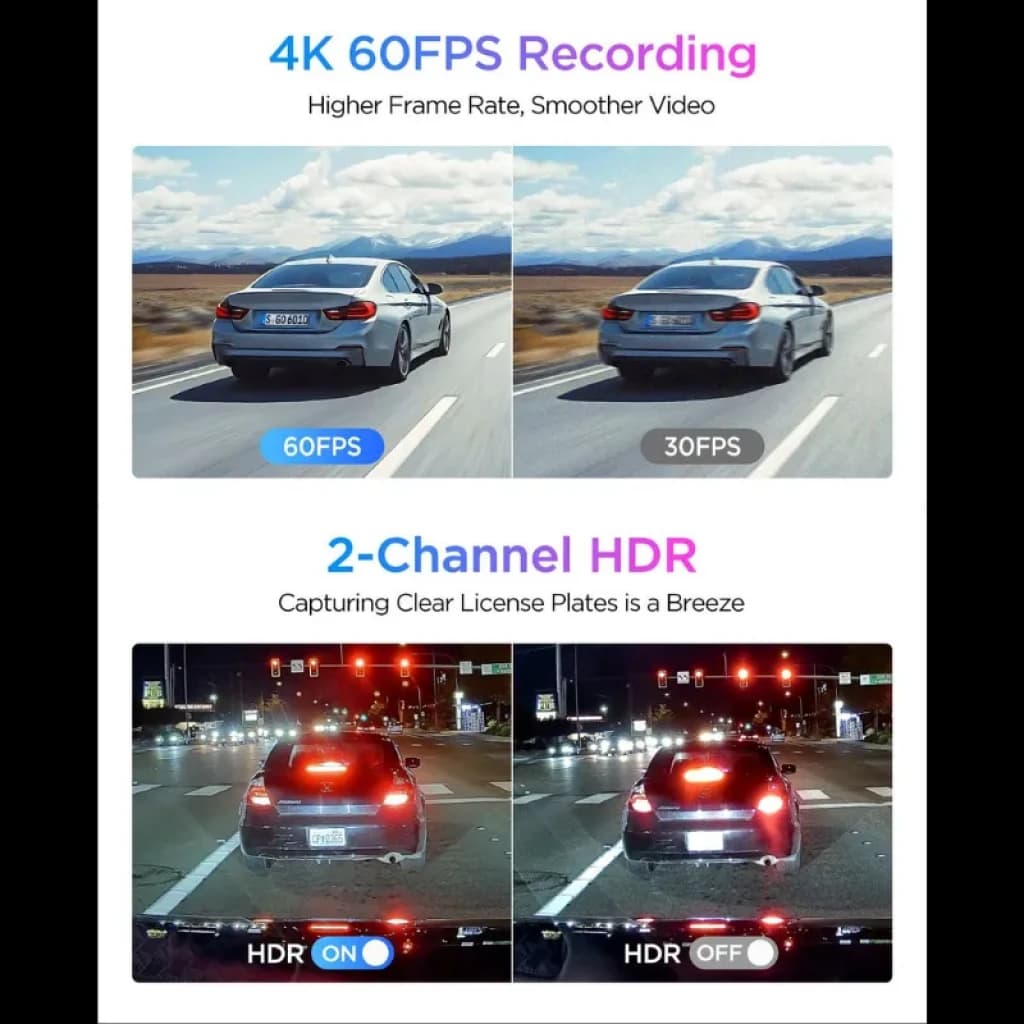 Caméra embarquée VIOFO A329S 2 canaux 4K 60 ips avec HDR, comparaison 60fps vs 30fps et HDR activé vs désactivé, lecture nette des plaques de nuit